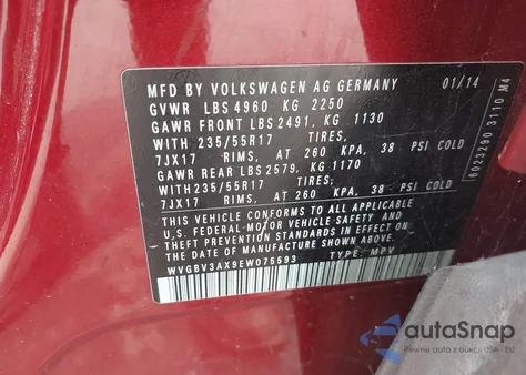 2014 Volkswagen Tiguan Se из США, поврежденный, VIN WVGBV3AX9EW075593
